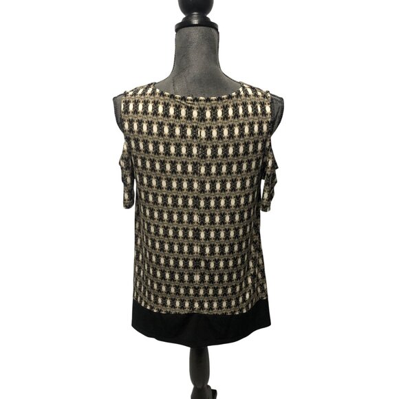 Rafaella Tunic Womens Sz Medium Brown Black Stretchy Cold Shoulder Short Sleeve - Picture 4 of 6